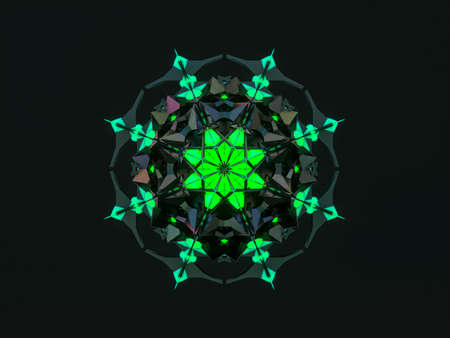 Abstract 3d geometric crystal mandala flower with neon light. faceted gem, winter snowflake.
