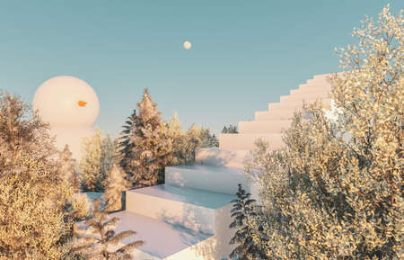 Abstract winter forest scene. Christmas holiday background. 3d render.