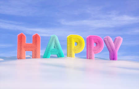 Happy phrase with fluffy texture on winter background. Christmas and Happy new year concept. 3d render.の写真素材