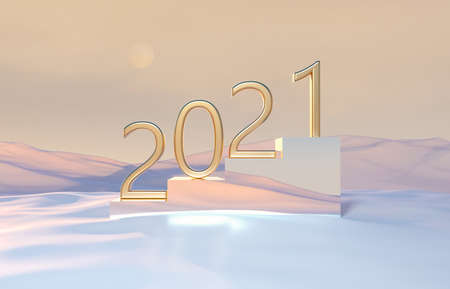Golden Happy new year 2021 text on winter background.  3d render.の写真素材