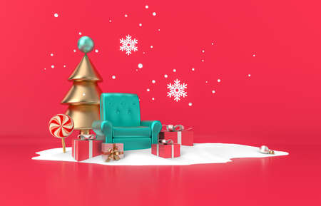 Red Christmas podium background with Christmas tree. 3d render.の写真素材