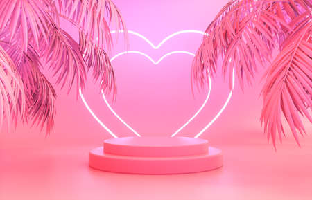 Beauty fashion podium backdrop with neon light and tropical palm leaves. 3d render.の写真素材