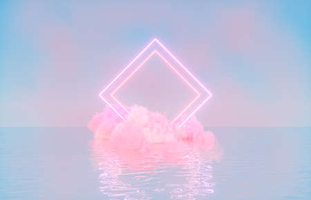 Natural beauty podium backdrop for product display with dreamy cloud and neon light background....