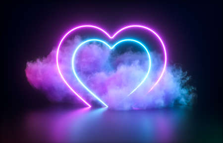 Futuristic Modern empty stage. Reflective dark room with glowing neon heart shape and cloud. 3d render.の写真素材