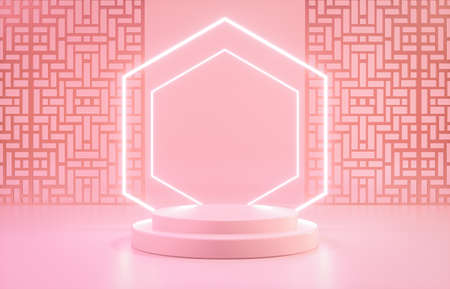Chinese background with podium and neon light for product display. 3d render.の写真素材
