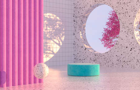 Beauty fashion podium backdrop with geometric shape and Spring flower. Terrazzo texture. 3d...