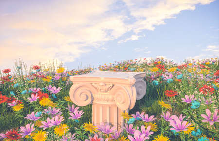 Natural beauty podium backdrop with spring flower field scene. 3d rendering.の写真素材