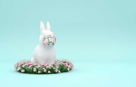 Happy easter eggs background with rabbit wearing face mask for prevent coronavirus. 3d rendering.