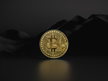 Golden Bitcoin on black background. 3d rendering.の写真素材