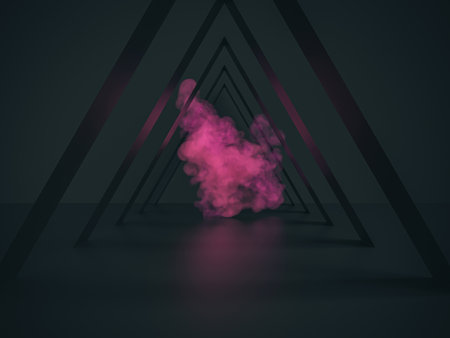 Abstract black stage backdrop with pink smoke.の写真素材