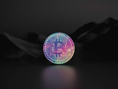 Iridescent Bitcoin on black background. 3d rendering.の写真素材