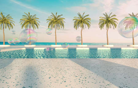 Summer beach scene background with terrazzo podium for product display. 3d rendering.の写真素材