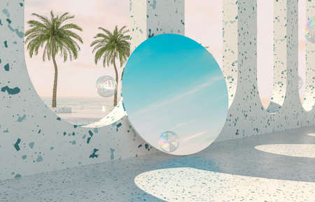 Summer beach scene background with mirror reflect the sky. 3d rendering.