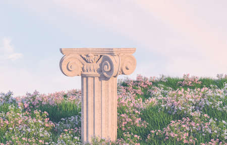 Natural beauty podium backdrop with spring flower field scene. 3d rendering.の写真素材