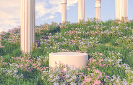 Natural beauty podium backdrop with spring flower field scene. 3d rendering.の写真素材