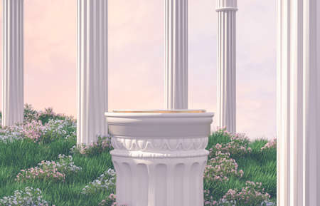Natural beauty podium backdrop with spring flower field scene. 3d rendering.の写真素材