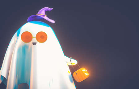 Halloween Ghost holding pumpkin bucket. Halloween background.の写真素材