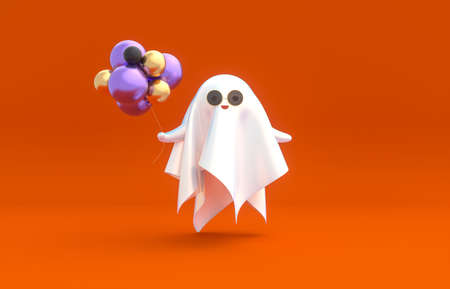 Halloween Ghost character holding balloons. Halloween background.の写真素材