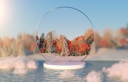 Abstract autumn winter landscape scene with product stand. 3d rendering.の写真素材