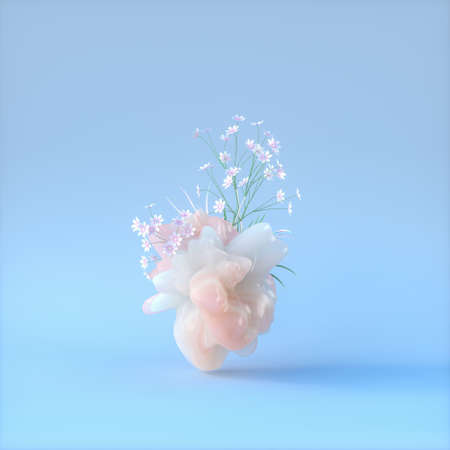 Beauty fashion podium backdrop for product display with abstract pastel stone and iridescent floral.の写真素材