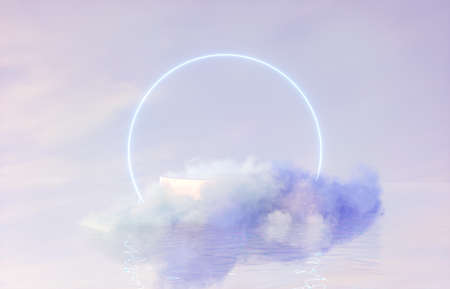 Natural beauty podium backdrop for product display with dreamy cloud and neon light background. Romantic 3d seascape scene.の写真素材