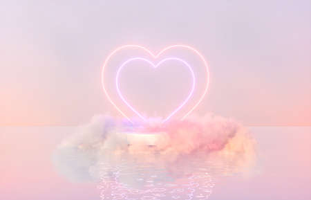 Natural beauty podium backdrop for product display with dreamy cloud and neon light background. Romantic 3d seascape scene.の写真素材
