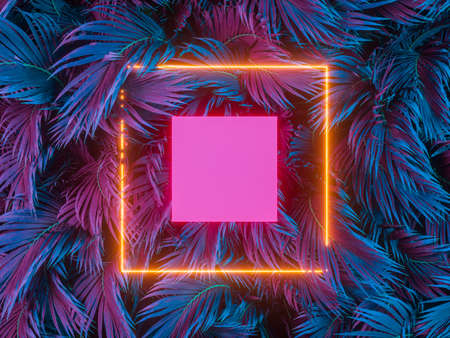 Summer podium backdrop with Tropical leaves and neon light.の写真素材