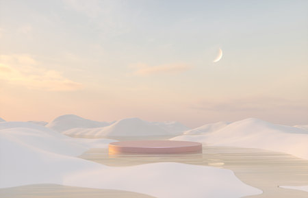 Abstract Winter landscape scene with a podium for product display. 3d rendering.の写真素材