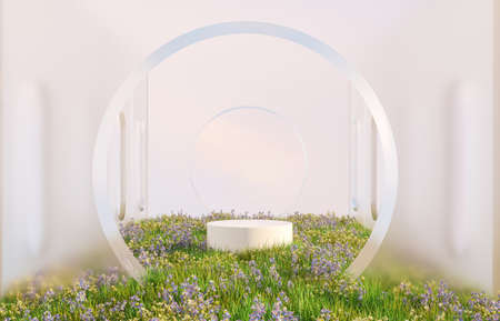 Natural beauty podium backdrop with wild flower field. 3d rendering.の写真素材