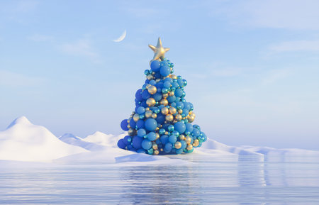 Abstract Winter Christmas tree with geomtric sphere. 3d winter landscape background.