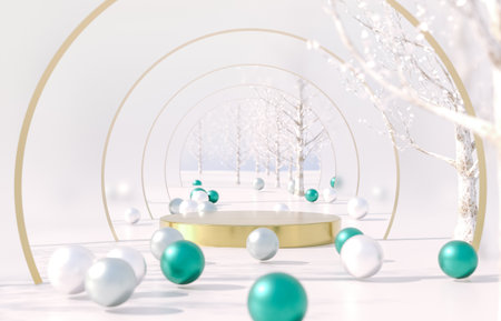 Winter Christmas scene with golden podium for product display.の写真素材