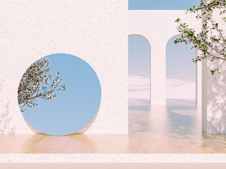 Natural beauty podium backdrop with spring sakura cherry blossom tree.の写真素材