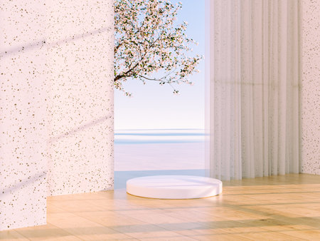 Natural beauty podium backdrop with spring sakura cherry blossom tree.の写真素材