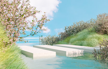 Natural beauty podium backdrop with spring sakura cherry blossom landscape scene.