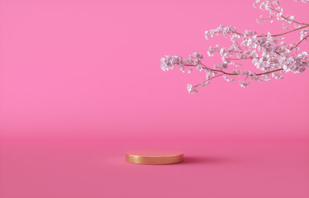 Gold round podium with spring sakura cherry blossom tree branch.の写真素材