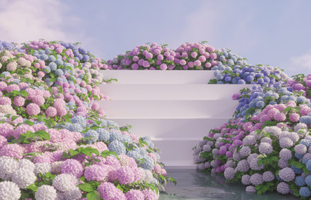 Natural beauty podium backdrop for product display with Hydrangea field. 3d rendering.