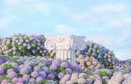 Natural beauty podium backdrop for product display with Hydrangea field. 3d rendering.