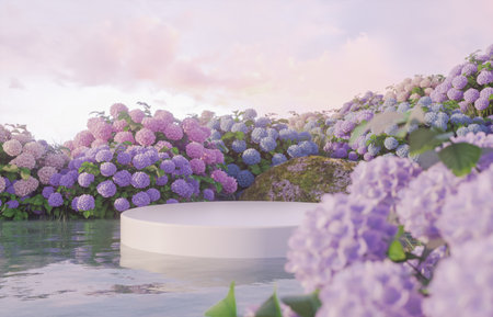 Natural beauty podium backdrop for product display with Hydrangea field. 3d rendering.の写真素材