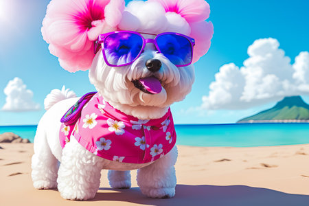 Funny Bichon frise dog wearing sunglasses on the beach with a pink flower. Generative AIの素材