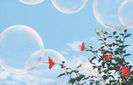 Beautiful hibiscus flowers and soap bubbles on blue sky background. 3d rendering