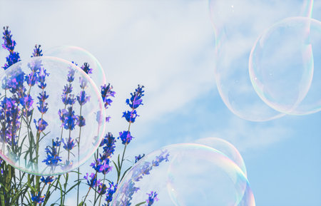 Soap bubbles and lavender flowers on the blue sky background. 3d renderingの写真素材