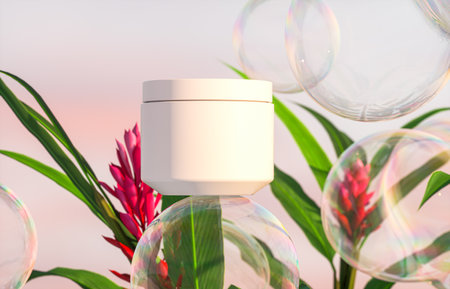 Cosmetic cream jar on a background of tropical plants and soap bubbles. 3d renderingの写真素材