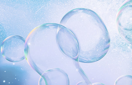 Abstract 3d art with holographic soap bubbles floating on sky background. fluid. liquid blobs.