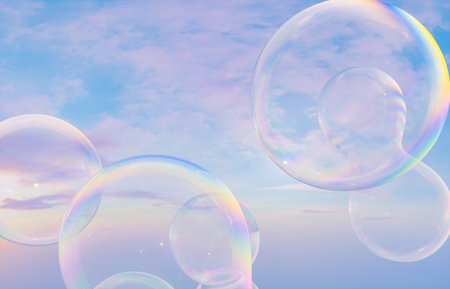 Abstract 3d art with holographic soap bubbles floating on sky background. fluid. liquid blobs.
