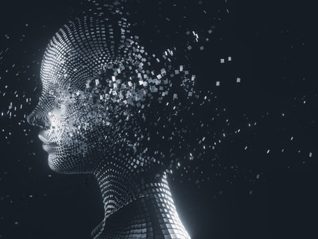 Virtual Digital head of Artificial Intelligence (AI). deep learning concept. Hologram. 3d renderingの写真素材