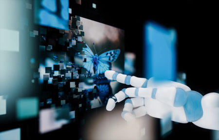 Robot hand is creating images. Artificial Intelligence (AI) Generated Image concept. 3d rendering.