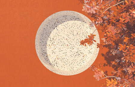 Stone circle with red and orange leaves on orange background, top view. 3d rendering.の写真素材