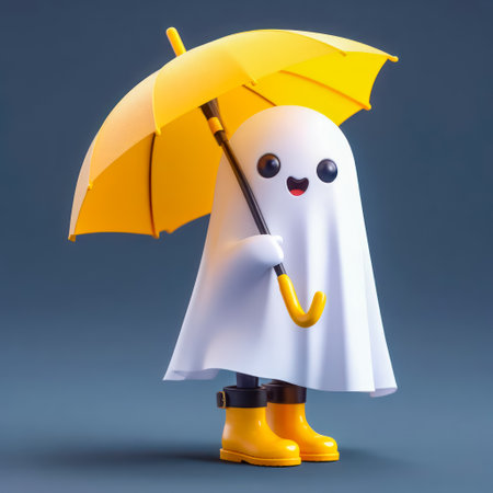 funny ghost with umbrella isolated on blue background.の素材