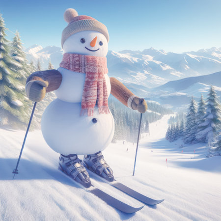 Snowman skiing in the mountains. Ski resort. Winter holidays.Christmas background.の素材