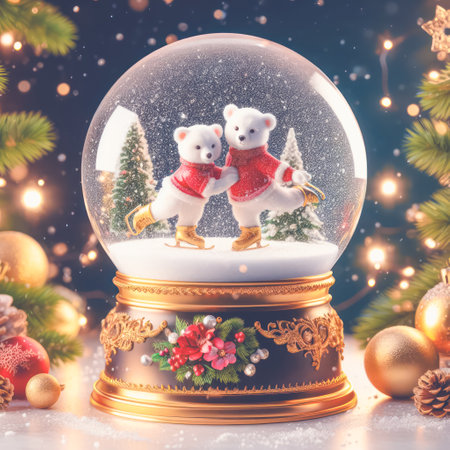 Snow globe with two polar bears in the snowfall. Christmas background.の素材